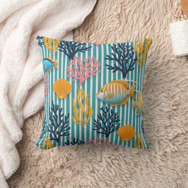 Colourful Coastal Sea Life Pattern (12) Throw Pillow (Blanket)