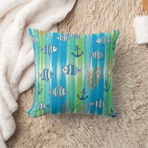 Colourful Coastal Sea Life Pattern (13) Throw Pillow