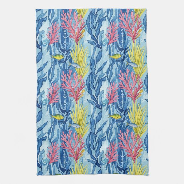 Colourful Coastal Sea Life Pattern (1) Kitchen Towel (Vertical)