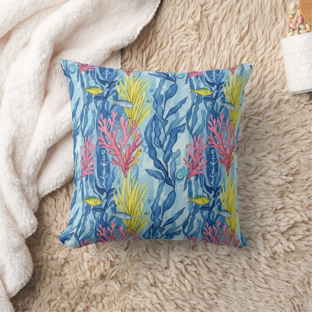 Colourful Coastal Sea Life Pattern (1) Throw Pillow (Blanket)