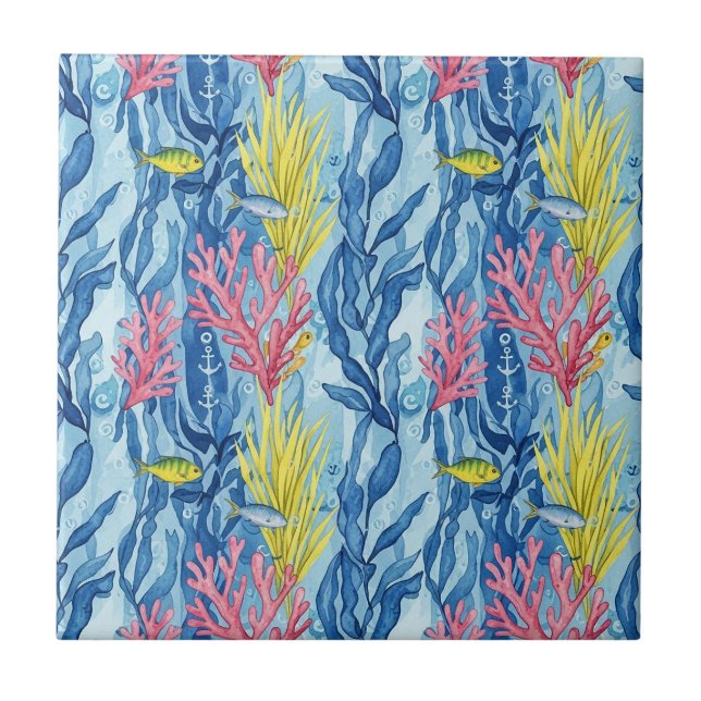 Colourful Coastal Sea Life Pattern (1) Tile (Front)