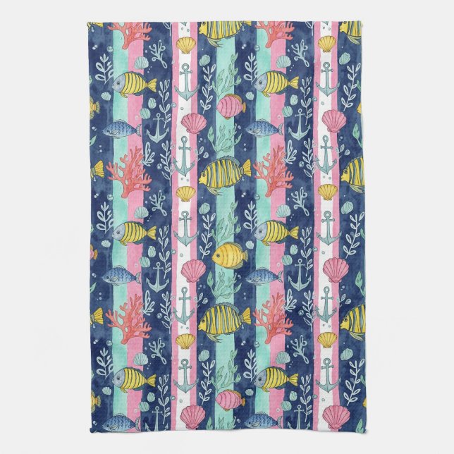 Colourful Coastal Sea Life Pattern (2) Kitchen Towel (Vertical)