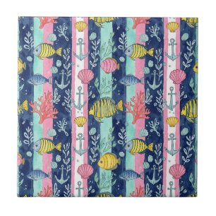 Colourful Coastal Sea Life Pattern (2) Tile