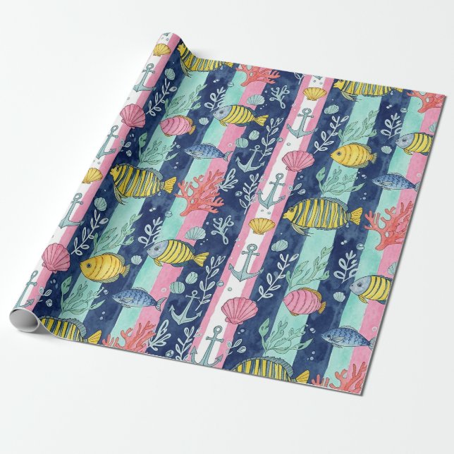 Colourful Coastal Sea Life Pattern (2) Wrapping Paper (Unrolled)