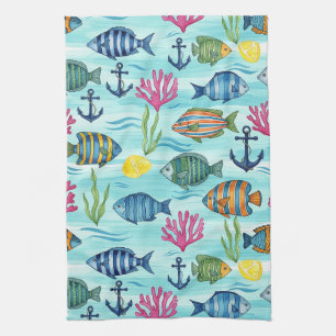 Colourful Coastal Sea Life Pattern (3) Kitchen Towel