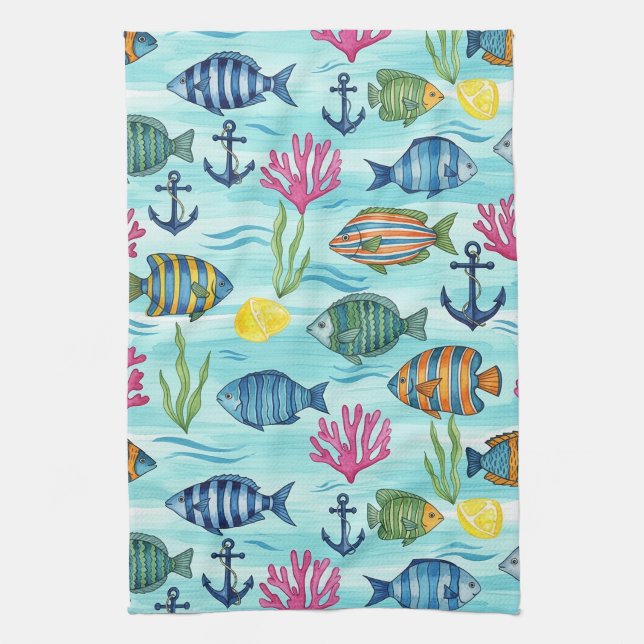 Colourful Coastal Sea Life Pattern (3) Kitchen Towel (Vertical)