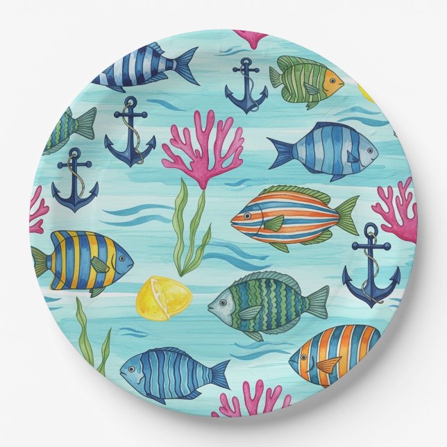 Colourful Coastal Sea Life Pattern (3) Paper Plate (Front)