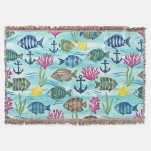 Colourful Coastal Sea Life Pattern (3) Throw Blanket