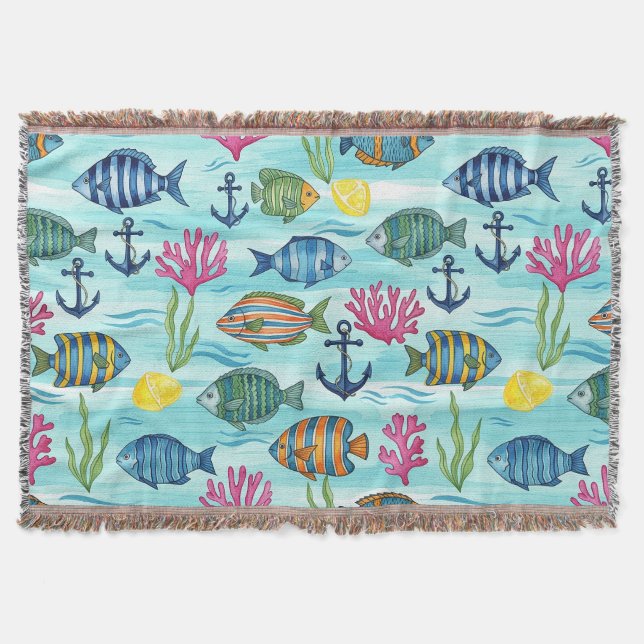 Colourful Coastal Sea Life Pattern (3) Throw Blanket (Front)