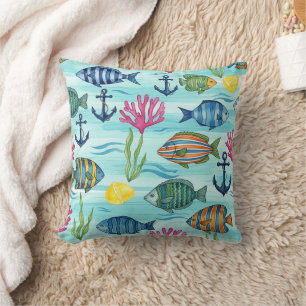Colourful Coastal Sea Life Pattern (3) Throw Pillow