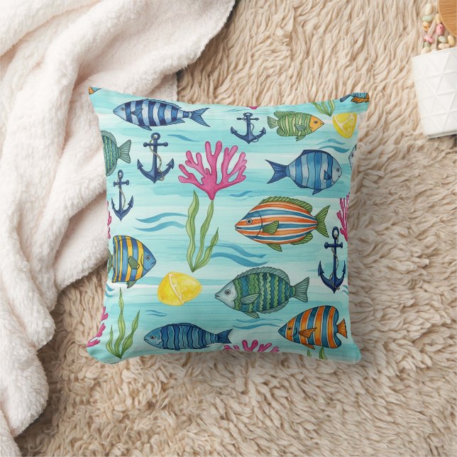 Colourful Coastal Sea Life Pattern (3) Throw Pillow (Blanket)