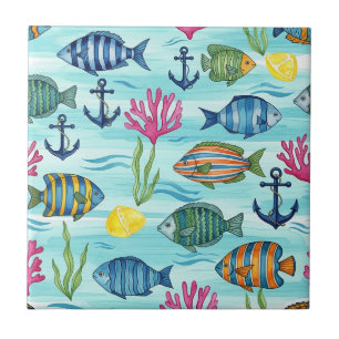 Colourful Coastal Sea Life Pattern (3) Tile