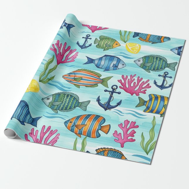 Colourful Coastal Sea Life Pattern (3) Wrapping Paper (Unrolled)