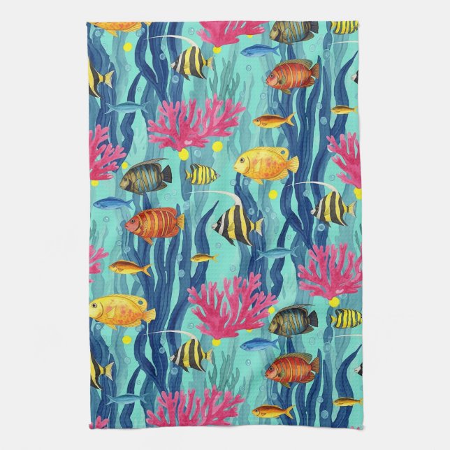 Colourful Coastal Sea Life Pattern (4) Kitchen Towel (Vertical)