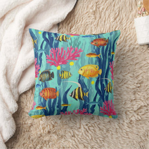 Colourful Coastal Sea Life Pattern (4) Throw Pillow