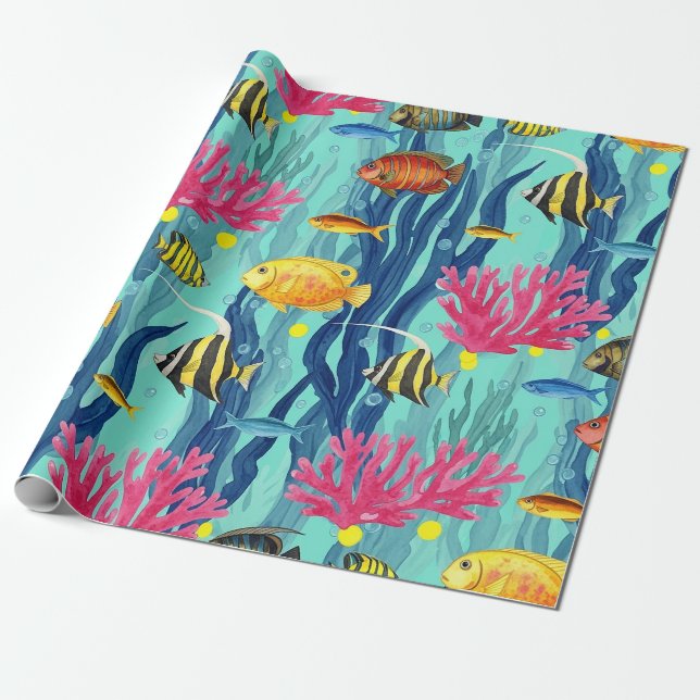 Colourful Coastal Sea Life Pattern (4) Wrapping Paper (Unrolled)