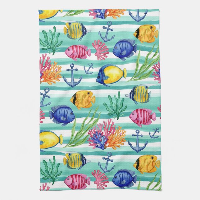 Colourful Coastal Sea Life Pattern (5) Kitchen Towel (Vertical)