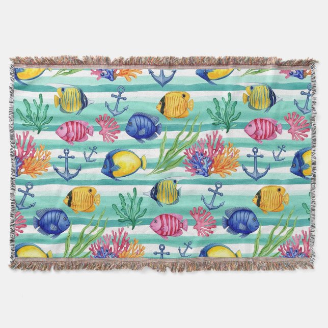 Colourful Coastal Sea Life Pattern (5) Throw Blanket (Front)