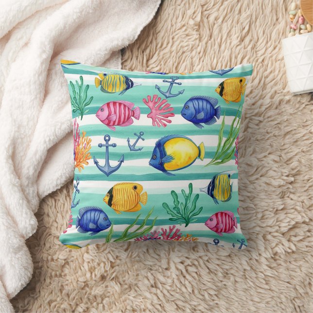 Colourful Coastal Sea Life Pattern (5) Throw Pillow (Blanket)