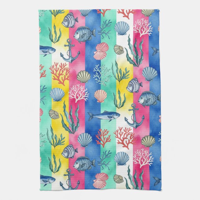 Colourful Coastal Sea Life Pattern (6) Kitchen Towel (Vertical)