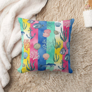 Colourful Coastal Sea Life Pattern (6) Throw Pillow