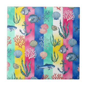 Colourful Coastal Sea Life Pattern (6) Tile