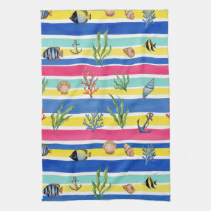 Colourful Coastal Sea Life Pattern (7) Kitchen Towel