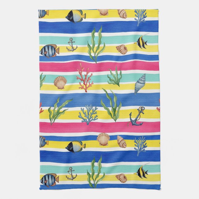 Colourful Coastal Sea Life Pattern (7) Kitchen Towel (Vertical)