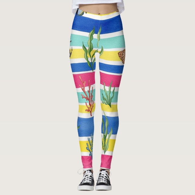 Colourful Coastal Sea Life Pattern (7) Leggings (Front)