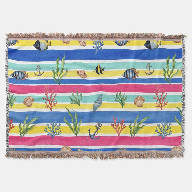 Colourful Coastal Sea Life Pattern (7) Throw Blanket (Front)