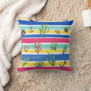 Colourful Coastal Sea Life Pattern (7) Throw Pillow