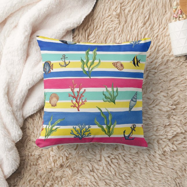 Colourful Coastal Sea Life Pattern (7) Throw Pillow (Blanket)
