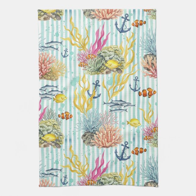 Colourful Coastal Sea Life Pattern (8) Kitchen Towel (Vertical)