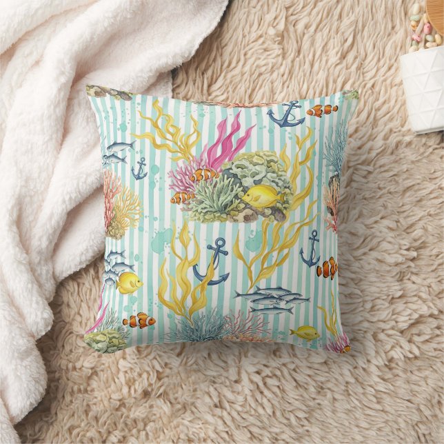 Colourful Coastal Sea Life Pattern (8) Throw Pillow (Blanket)