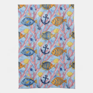 Colourful Coastal Sea Life Pattern (9) Kitchen Towel