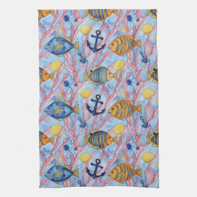 Colourful Coastal Sea Life Pattern (9) Kitchen Towel (Vertical)