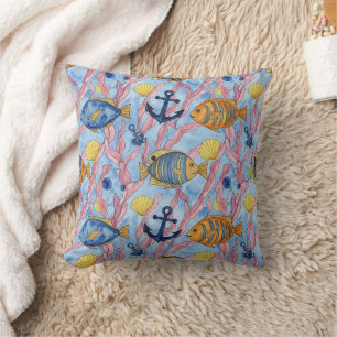 Colourful Coastal Sea Life Pattern (9) Throw Pillow