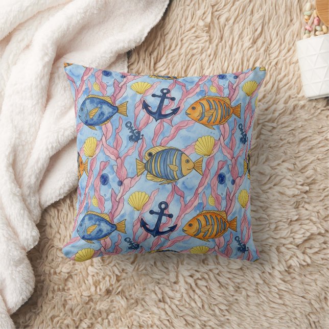 Colourful Coastal Sea Life Pattern (9) Throw Pillow (Blanket)