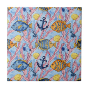 Colourful Coastal Sea Life Pattern (9) Tile