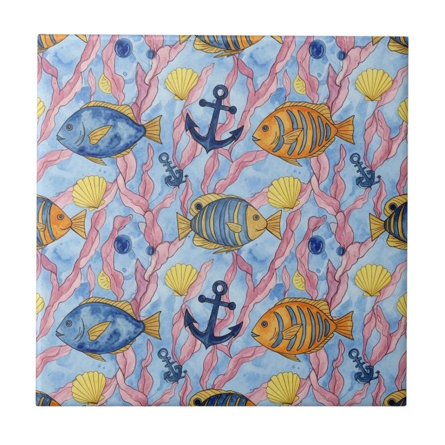 Colourful Coastal Sea Life Pattern (9) Tile (Front)