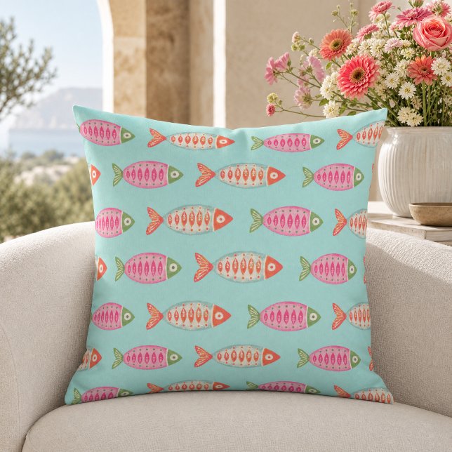 Colourful Coastal Summer Fish Pattern Throw Pillow (Creator Uploaded)