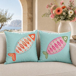 Colourful Coastal Summer Fish Pattern Throw Pillow