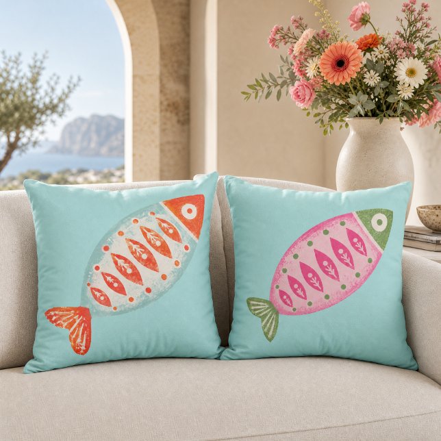 Colourful Coastal Summer Fish Pattern Throw Pillow (Creator Uploaded)
