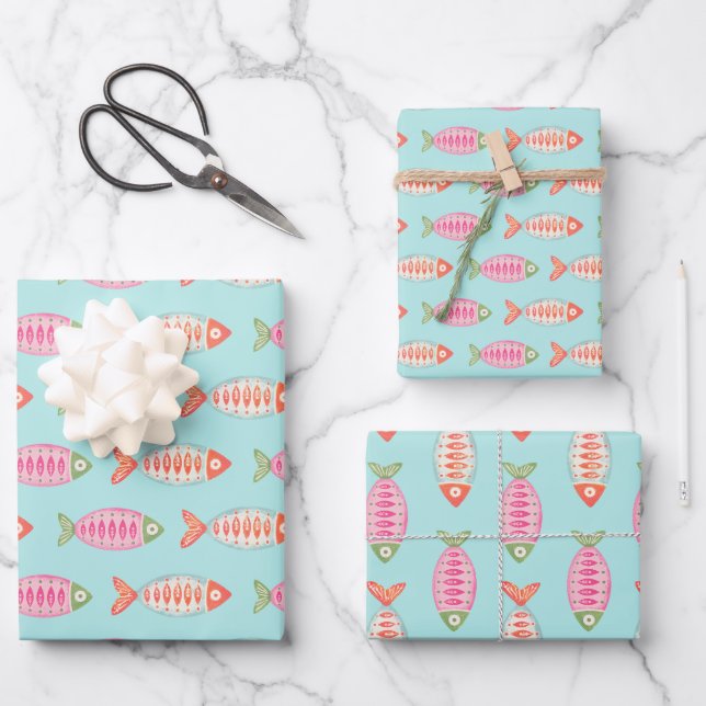 Colourful Coastal Summer Fish Pattern Wrapping Paper Sheet (Front)