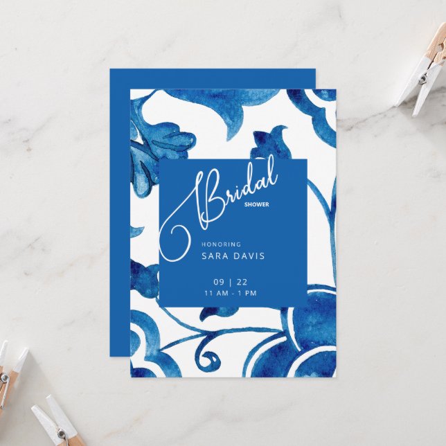 Colourful Cobalt Mediterranean Tile Bridal Shower Invitation (Front/Back In Situ)