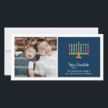 Colourful Cobalt Menorah Hanukkah Holiday Card<br><div class="desc">Here's a fun graphic look for a Hanukkah photocard. A colourful menorah highlights a striped light blue panel with your special message underneath. Add a photo and customize the text as you like. Available in alternate colours with matching products.</div>
