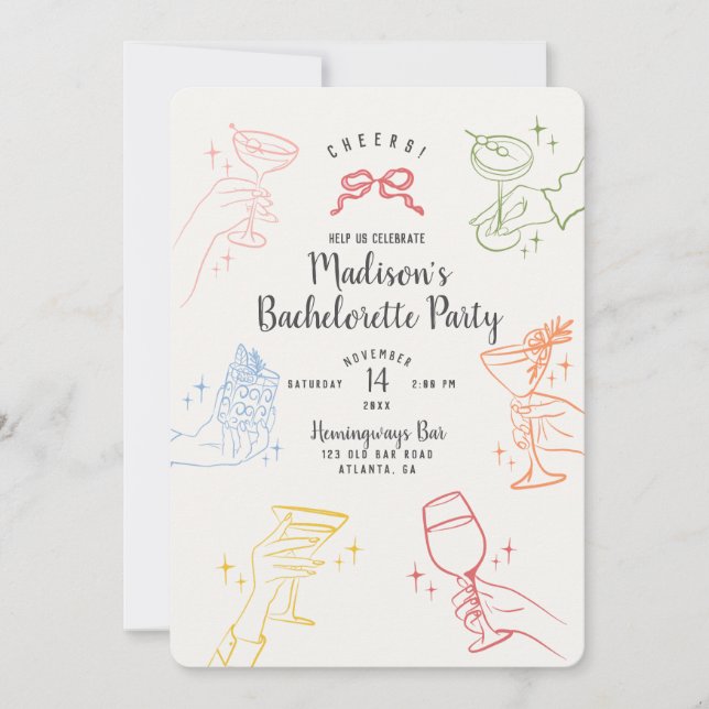 Colourful Cocktail Party Bachelorette Party Invite (Front)