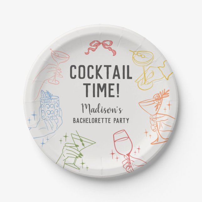 Colourful Cocktail Party Retro Bachelorette Party Paper Plate (Front)
