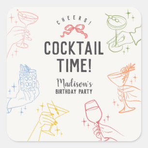 Colourful Cocktail Party Retro Birthday Envelope Square Sticker