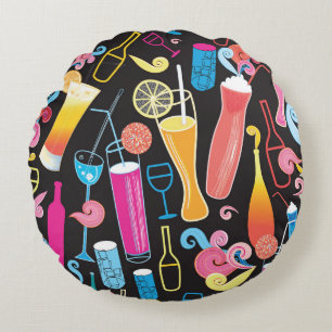 Colourful Cocktails Graphic Seamless Pattern Round Pillow